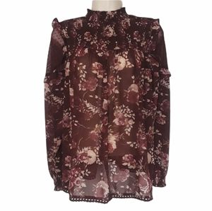 ANTOINETTE Burgundy Red Smocked Floral Print Long Sleeve Semi Sheer Top Small